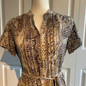 Nanette Lepore Dress Size 4 Snake Skin Belted Tie Button Up Knee Length EUC